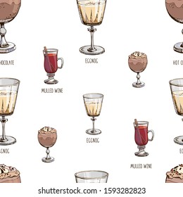 Vector seamless pattern with hot winter drinks isolated on white. Christmas print with beverages. Endless texture. Hot chocolate, eggnog, mulled wine. Winter special. Menu decoration. Modern lettering
