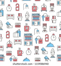 Vector seamless pattern with hotel building, doorman, housemaid, luggage cart, shower, key, hotel room door hanger sign, alarmclock, bed. Thin line art flat style design hotel background, wallpaper.