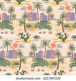 Vector seamless pattern with hotels, palms, sun, cacti, architecture. Bright colorful print