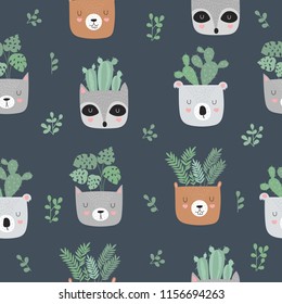 Vector seamless pattern with house plants in funny animal pots. Background with adorable objects, pastel colors. Valentine's day, anniversary, baby shower, birthday
