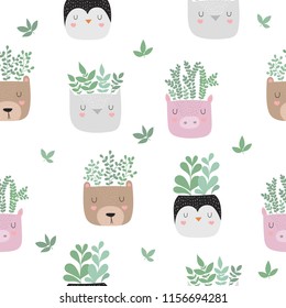 Vector seamless pattern with house plants in funny animal pots. Background with adorable objects, pastel colors. Valentine's day, anniversary, baby shower, birthday
