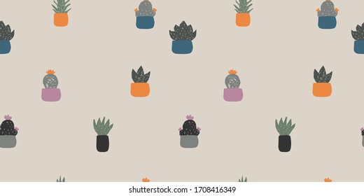 Vector seamless pattern of house plants in pots on beige background, hand drawing in flat style . Colorful botanical background. Good for textile, wrapping, web, posters and etc.