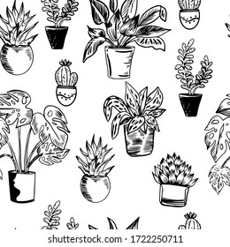 Vector seamless pattern with house plants in pots in black and white colors. Perfect for textile, wrapping, web.