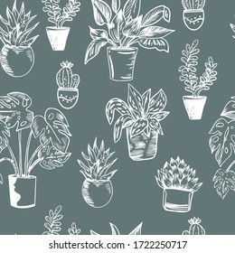 Vector seamless pattern with house plants in pots in black and white colors. Perfect for textile, wrapping, web.