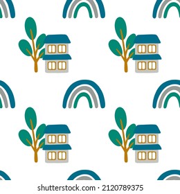 Vector seamless pattern with house, tree and rainbow in grey, blue, green, brown colors. Cartoon cute illustration for wallpaper, wrapping paper, print, fabric, textile, wrapping paper, background.