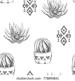 Vector seamless pattern with houseplants and aztec ornament. Vintage illustration with cactus and succulents in engraving style. Hand drawn floral texture with tribal element