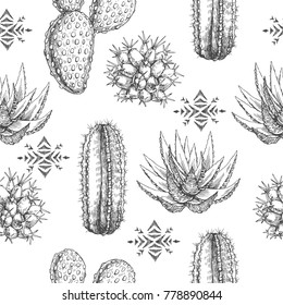 Vector Seamless Pattern With Houseplants And Aztec Ornament. Vintage Illustration With Cactus And Succulents In Engraving Style. Hand Drawn Floral Texture With Tribal Element