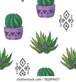 Vector seamless pattern with houseplants and aztec ornament. Vintage illustration with cactus and succulents in engraving style. Hand drawn floral texture with tribal element