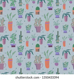 Vector seamless pattern with houseplants  in flower pots on gray background.Simple flat style, in soft colors.