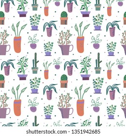 Vector seamless pattern with houseplants  in flower pots on white background.Simple flat style, in soft colors.