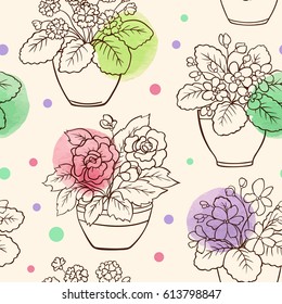 Vector seamless pattern with houseplants in flowerpot and watercolor blots