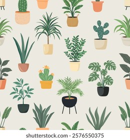 Vector Seamless Pattern With Houseplants In Modern Pots. Houseplants With Green Leaves, Stylish Pots, Minimalist Design. Template For Houseplants Decor, Houseplants Art, Wallpapers, Fabric Prints