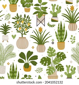 Vector Seamless Pattern Houseplants Monstera Palms Stock Vector ...