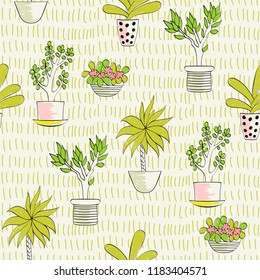 Vector seamless pattern with houseplants in pots