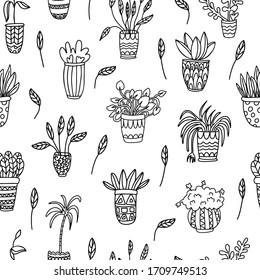 Vector seamless pattern with houseplants in pots decorated with ornaments on white background. Great for fabrics, wrapping papers, wallpapers, covers. Hand drawn illustration in doodle style black ink