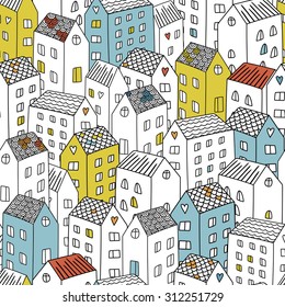 Vector seamless pattern with houses. Background can be used for textile design, web page background, surface textures, wallpaper