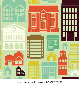 Vector seamless pattern with houses and buildings icons in  flat retro style