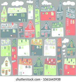 Vector seamless pattern with houses, cartoon hand drawn city background for funny design
