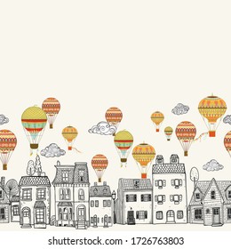 Vector seamless pattern and houses  cartoon hand drawn city background for funny design