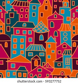 Vector seamless pattern with houses. Colorful decorative background for print. Cartoon city.