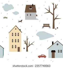 Vector seamless pattern with houses, dog and car