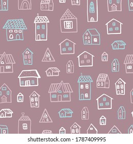 Vector seamless pattern with houses in doodle style. Stylish background for a nursery on brown background.
