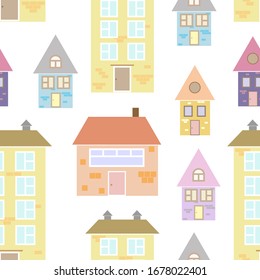 Vector seamless pattern of houses. Lovely Scandinavian minimalist houses. Fashionable print for clothes, wallpapers, covers. For surface design: fabric, packaging, scrap paper