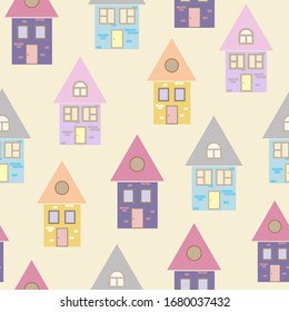 Vector seamless pattern of houses. Lovely Scandinavian minimalist houses. Fashionable print for clothes, wallpapers, covers. For surface design: fabric, packaging, scrap paper