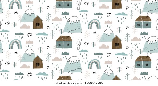 Vector seamless pattern with houses, mountains, trees, clouds, rain, and rainbow. Hand drawn in Scandinavian style design for kids. The concept for textiles, postcards, baby shower, babywear, nursery.