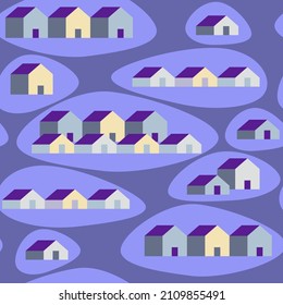 Vector seamless pattern with houses on Very Peri purple color background. Property sale. Village. Sustainable home living concept. Real estate. Print Design for cover, fabric, business card. Violet