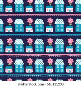 Vector seamless pattern with  houses on a dark background. Model of houses. Wallpaper in the cartoon style with flowers and houses.