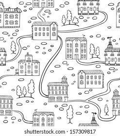 Vector seamless pattern with houses and trees. Panorama of cartoon town