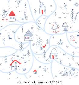 Vector seamless pattern with houses and wild forest life, deers, fox, rabbit, bird and wolf, lake with ducks. Can be printed and used as wrapping paper, wallpaper, textile, fabric, etc. 