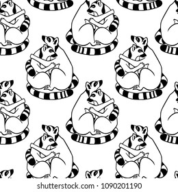 Vector seamless pattern with hugging lemurs. Beautiful animal design elements, ink drawing,