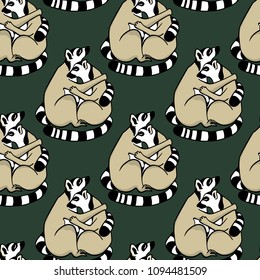 Vector seamless pattern with hugging lemurs. Beautiful animal design elements, ink drawing,