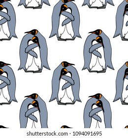 Vector seamless pattern with hugging penguins. Beautiful animal design elements, ink drawing,