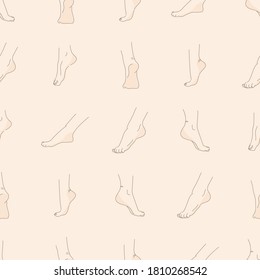 Vector seamless pattern of human feet in various poses. Hand drawing with a line.