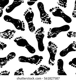 Vector seamless pattern with human footprint and grunge removable texture. Abstract black and white background with prints of foot