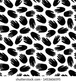 Vector seamless pattern with human hand imprints. Ink brush texture. Simple monochrome background. Ornament for wrapping paper, wallpapers, web design etc. Handbreadth marks decorative backdrop.