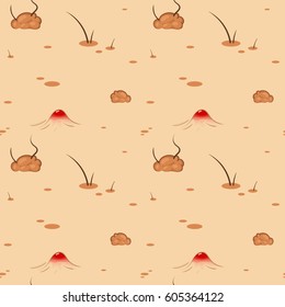 Vector seamless pattern with human skin. Painted skin diseases, pigments, moles, hair, pimples and pus. Vile acne on the epidermis with signs of skin cancer