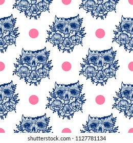 Vector seamless pattern with a human skull and flowers. Gothic brutal skull. For print t-shirts or book coloring.