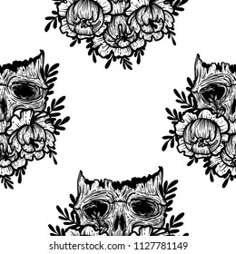 Vector seamless pattern with a human skull and flowers. Gothic brutal skull. For print t-shirts or book coloring.