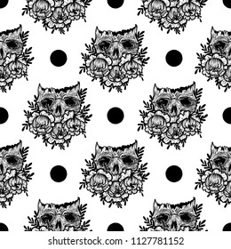 Vector seamless pattern with a human skull and flowers. Gothic brutal skull. For print t-shirts or book coloring.