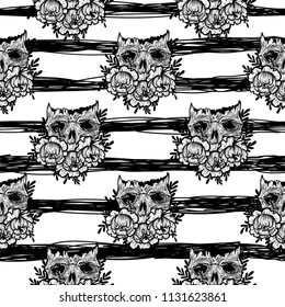 Vector seamless pattern with a human skull and flowers. Gothic brutal skull. For print t-shirts or book coloring.