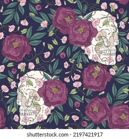 Vector seamless pattern with human skull and flowers. Hand drawing. Vector background for printing on fabric and other surfaces