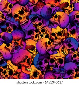 Vector seamless pattern and human skulls  Gradient fill  bright trend colors: purple  orange  blue black background  Background for Halloween 