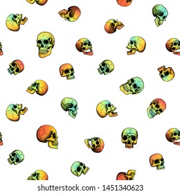 Vector seamless pattern with human skulls. Gradient fill: coral, yellow, green and line art on a white background.