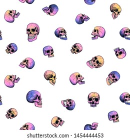 Vector seamless pattern with human skulls. Gradient fill: pink, yellow, lilac; line art on a white background in tattoo  style.