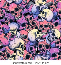 Vector seamless pattern with human skulls. Gradient fill: coral, yellow, lilac; line art on a black background in tattoo  style.