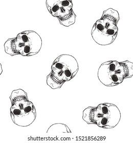 Vector seamless pattern with human skulls isolated on white. Hand drawn texture with symbol of Halloween. Gothic background.